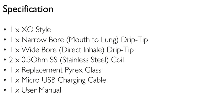 Specification of the XO Style Vape Kit
